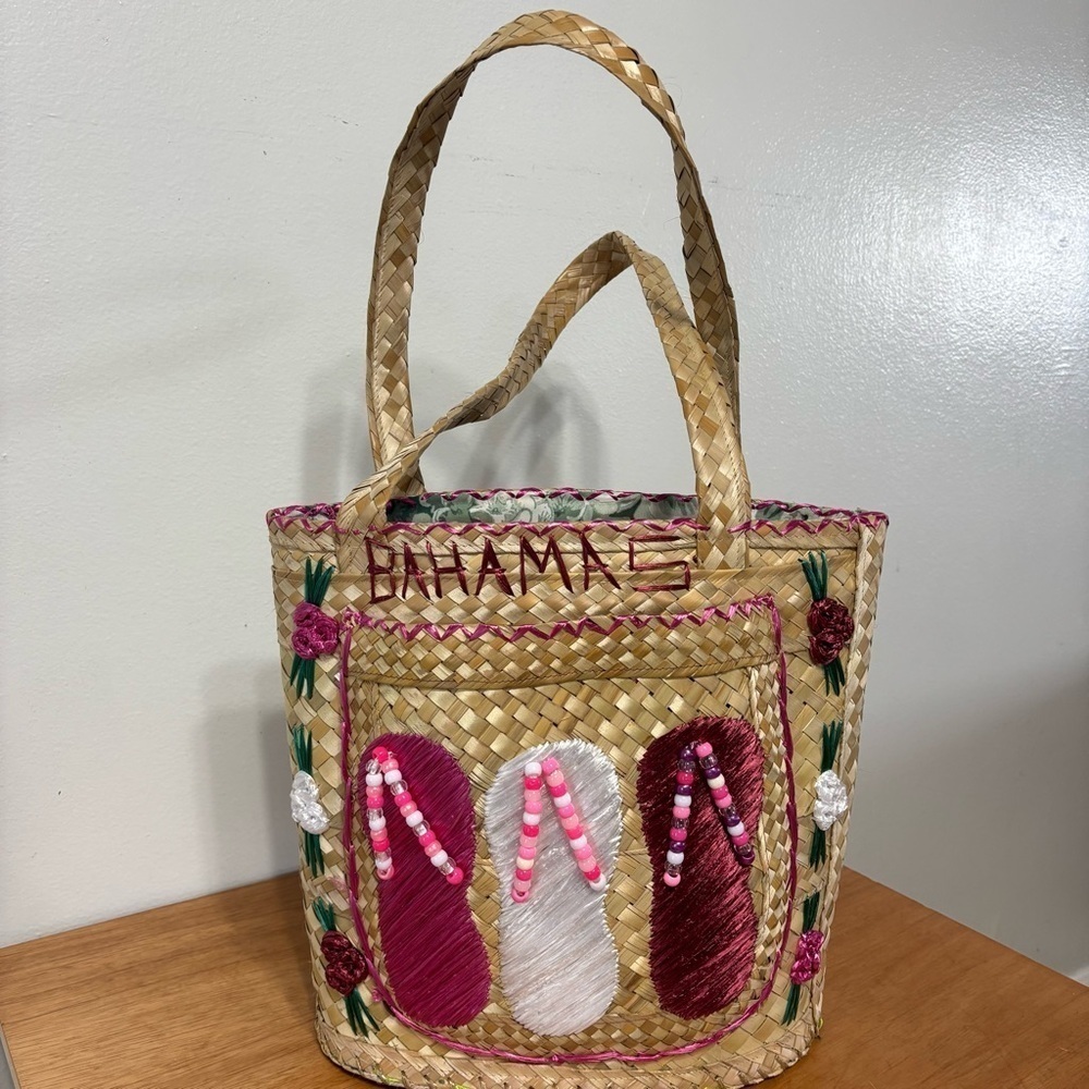 Vintage Multicolor Handmade Lined Straw Bag W/ Beaded Flip Flops